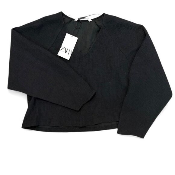 Zara Sweater Womens Small Black Textured Wool Blend Long Sleeve Lined Top NWT - Picture 1 of 8